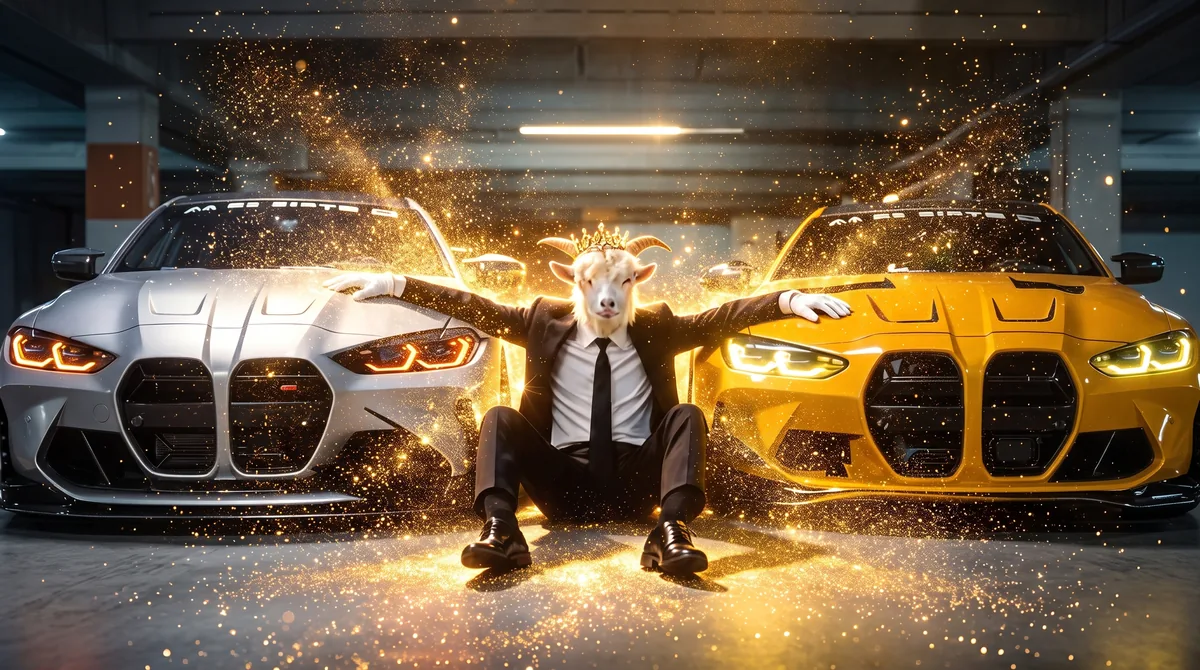 The Handsome King Goat in a black suit and crown, sitting between a silver and a gold supercar in a shower of gold glitter