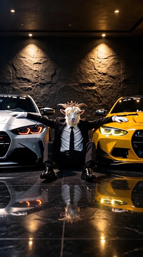 The Handsome King Goat in a suit between two supercars on black marble